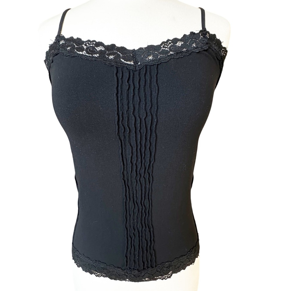 VTG Bebe Black Lace Trim Ruched Camisole Tank Top Y2K Layering Lagenlook 90s 00s - Picture 1 of 6